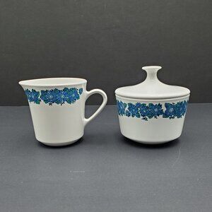 Corning Centura Evening Song Creamer & Sugar Bowl Blue Floral Creamer Set